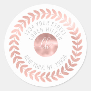 Rose gold botanical circle monogram return address classic round sticker