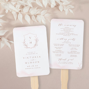 Rose gold botanical crest monogram wedding program hand fan
