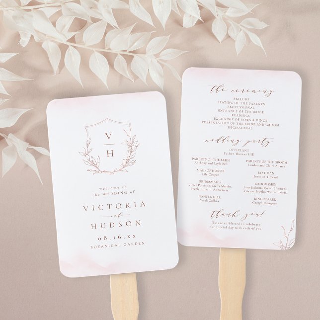 Rose gold botanical crest monogram wedding program hand fan (Rose gold botanical crest monogram wedding program hand fan)
