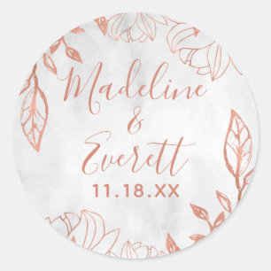 Rose Gold Botanical Floral Grey Monogram Wedding Classic Round Sticker