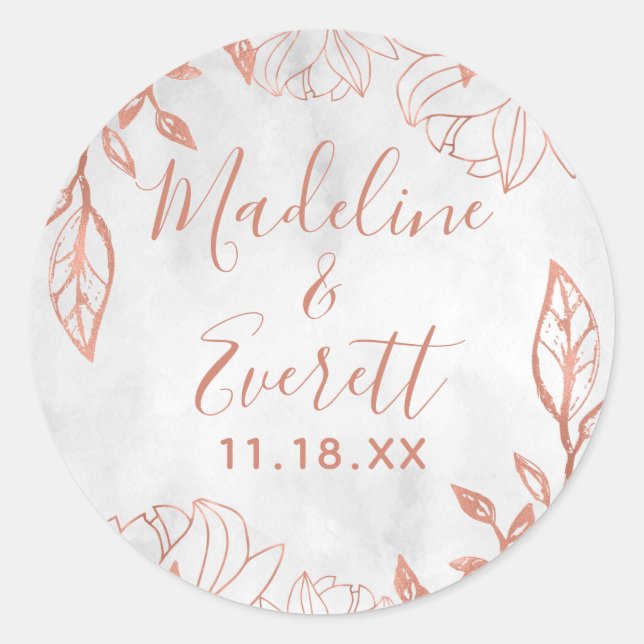 Rose Gold Botanical Floral Grey Monogram Wedding Classic Round Sticker (Front)