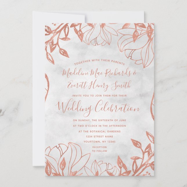 Rose Gold Botanical Floral Grey Wedding Invitation (Front)