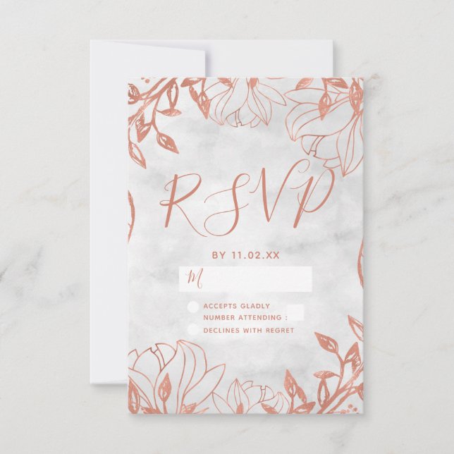 Rose Gold Botanical Floral Grey Wedding RSVP Card (Front)