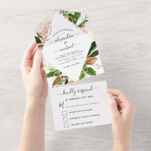 Rose Gold Botanical Greenery Wedding RSVP All In One Invitation