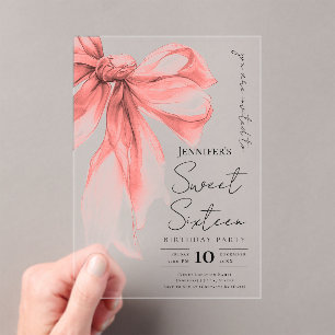 Rose Gold Bow Coquette Script Sweet 16 Party Acrylic Invitations