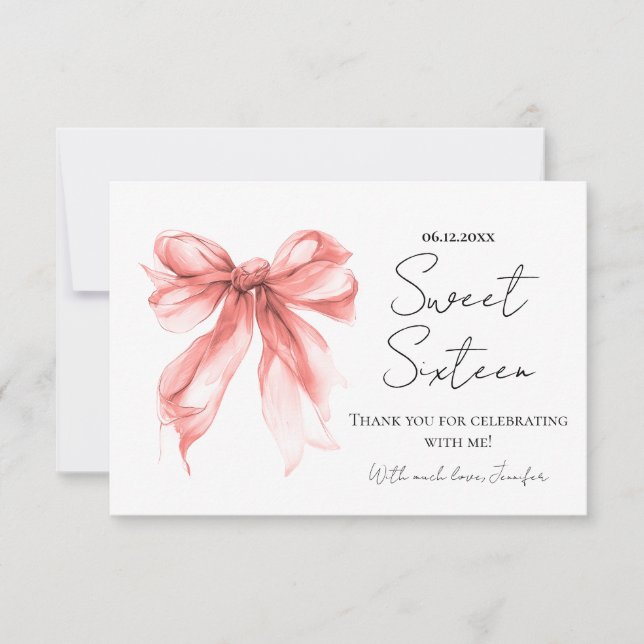 Rose Gold Bow Coquette Script Sweet 16 Thank You  Card (Front)