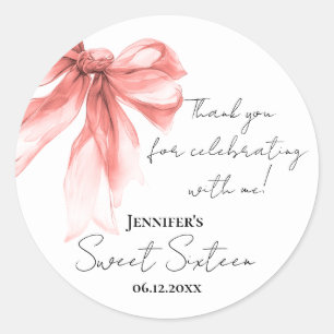 Rose Gold Bow Coquette Script Sweet 16 Thank You Classic Round Sticker