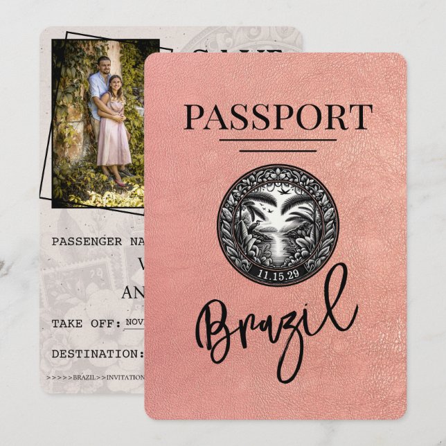 Rose Gold Brazil Passport Save The Date (Front/Back)