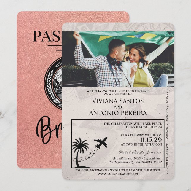 Rose Gold Brazil Passport Wedding Invitation (Front/Back)