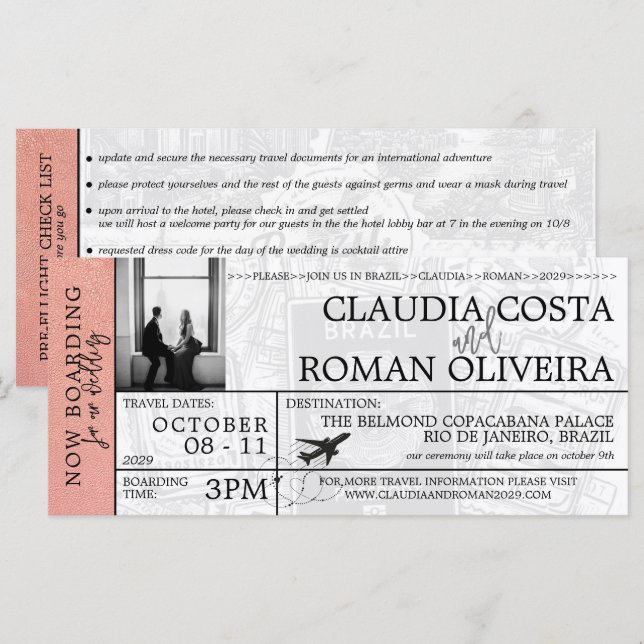 Rose Gold Brésil Mariage Boarding Pass Invitation (Devant / Derrière)