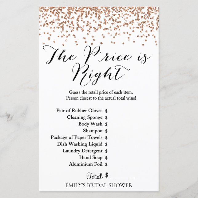 Rose Gold Brida Shower Game - Price is Right Card (Front)