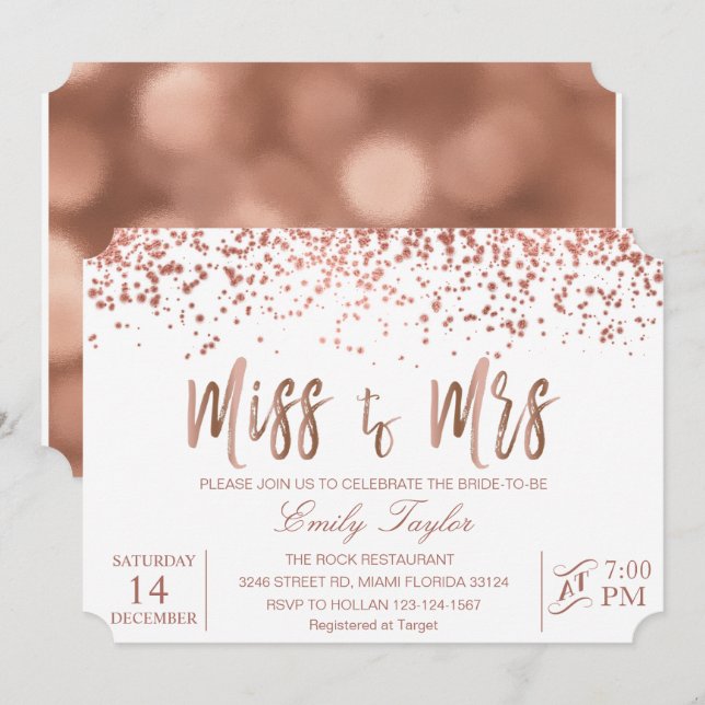 Rose Gold Bridal Shower Invitation , Miss to Mrs (Front/Back)