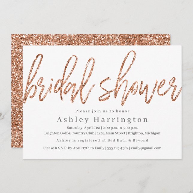 Rose Gold Bridal Shower Invitation with Glitter (Front/Back)
