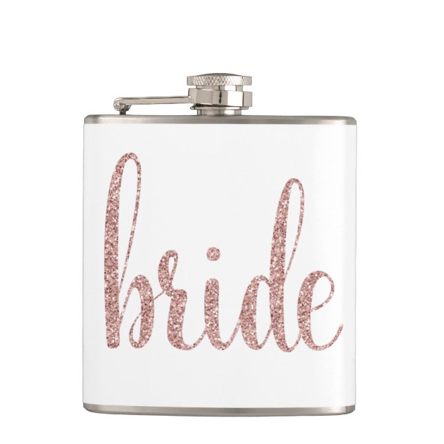 Rose gold bride flask, glitter font hip flask (Front)