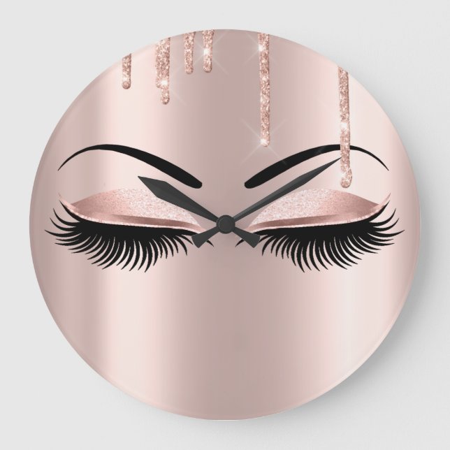 Rose Gold Brow Lash Glitter Drip Blush Glitter Large Clock (Front)