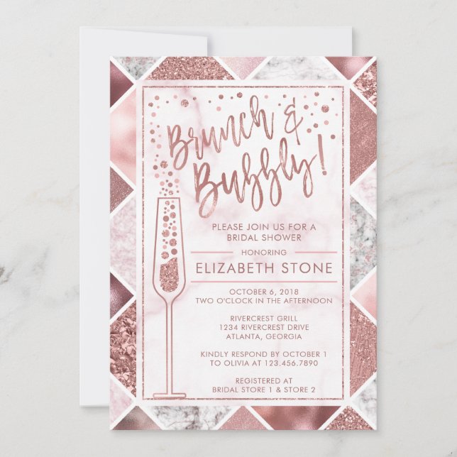 Rose Gold Brunch and Bubbly Invitation, Marble Invitation (Front)