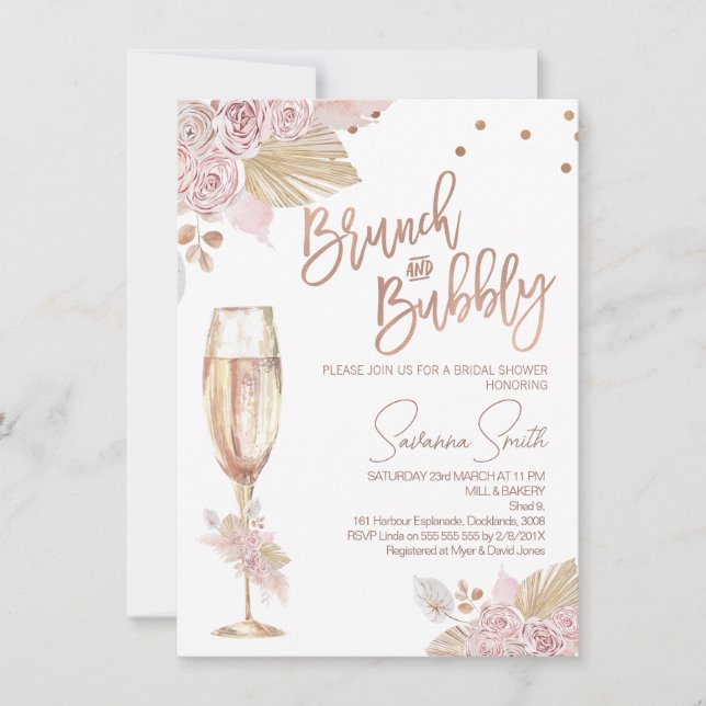 Rose Gold Brunch Bubbly Boho Roses Bridal Shower Invitation (Front)