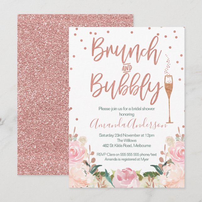 Rose Gold Brunch Bubbly Invitations de douche nupt (Devant / Derrière)