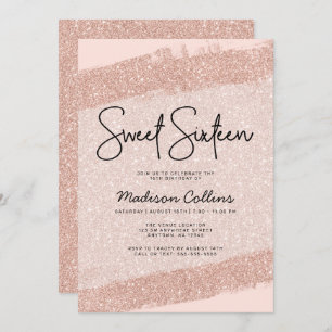 Rose Gold Brush Glitter Sweet 16 Invitation