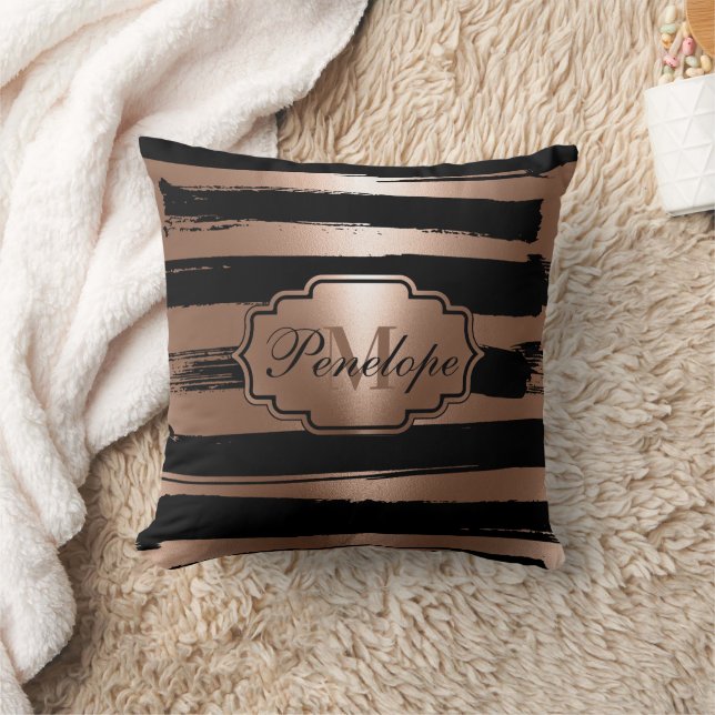 Rose Gold Brush Stripes Throw Pillow (Blanket)