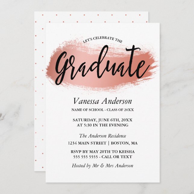 Rose Gold Brush Stroke Graduation Party Invitation (Front/Back)