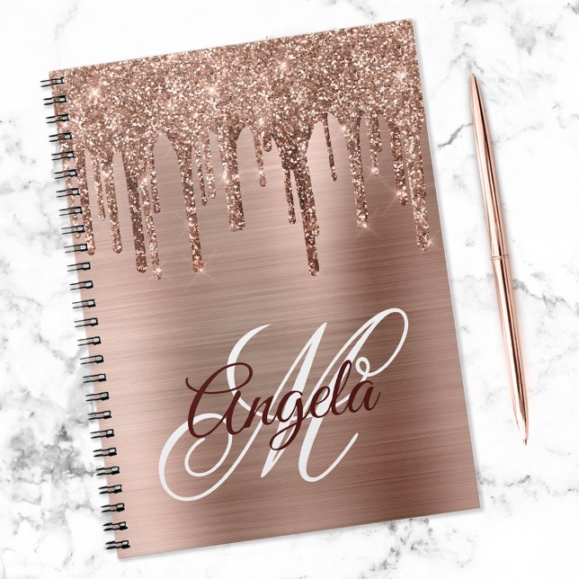 Rose Gold Brushed Foil Glitter Drip Fancy Monogram Notebook (Creator Uploaded)