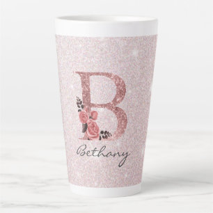 Rose Gold Brushed Glitter Monogram Name Latte Mug