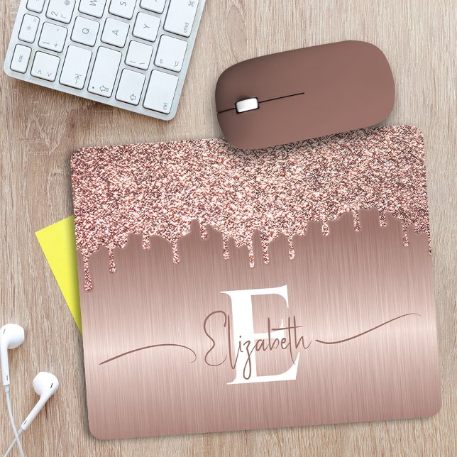Rose Gold Brushed Metal Glitter Drips Monogrammed Mouse Pad (Creator Uploaded)