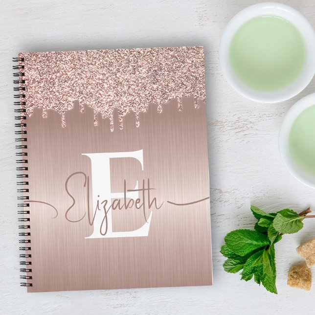 Rose Gold Brushed Metal Glitter Drips Monogrammed Notebook (Creator Uploaded)