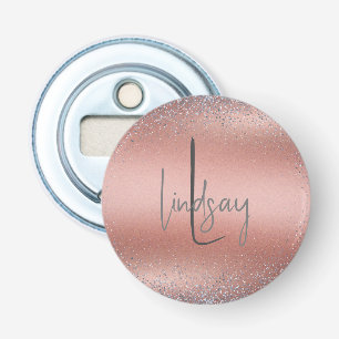 Rose Gold Brushed Metal Glitter Monogram   Bottle Opener