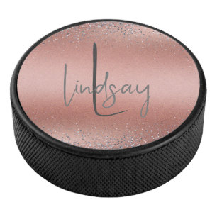 Rose Gold Brushed Metal Glitter Monogram Hockey Puck
