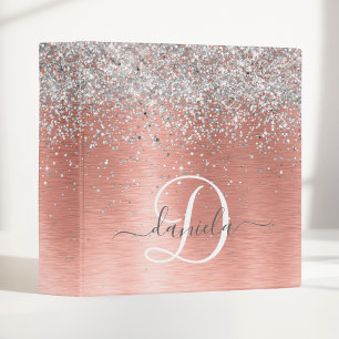 Rose Gold Brushed Metal Glitter Monogram Name Binder