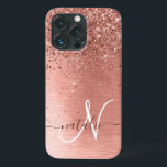 Rose Gold Brushed Metal Glitter Monogram Name iPhone 13 Pro Case<br><div class="desc">Easily personalize this trendy chic phone case design featuring pretty rose gold sparkling glitter on a rose gold brushed metallic background.</div>