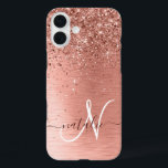 Rose Gold Brushed Metal Glitter Monogram Name iPhone 16 Plus Case<br><div class="desc">Easily personalize this trendy chic phone case design featuring pretty rose gold sparkling glitter on a rose gold brushed metallic background.</div>