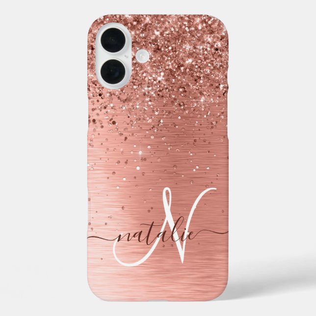 Rose Gold Brushed Metal Glitter Monogram Name Case-Mate iPhone Case (Back)