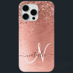Rose Gold Brushed Metal Glitter Monogram Name iPhone 15 Pro Max Case<br><div class="desc">Easily personalize this trendy chic phone case design featuring pretty rose gold sparkling glitter on a rose gold brushed metallic background.</div>