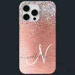 Rose Gold Brushed Metal Glitter Monogram Name iPhone 15 Pro Max Case<br><div class="desc">Easily personalize this trendy chic design phone case featuring pretty silver sparkling glitter on a rose gold brushed metallic background.</div>