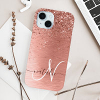 Rose Gold Brushed Metal Glitter Monogram Name
