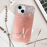 Rose Gold Brushed Metal Glitter Monogram Name iPhone 15 Case<br><div class="desc">Easily personalize this trendy chic design phone case featuring pretty silver sparkling glitter on a rose gold brushed metallic background.</div>