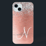 Rose Gold Brushed Metal Glitter Monogram Name iPhone 15 Mini Case<br><div class="desc">Easily personalize this trendy chic design phone case featuring pretty silver sparkling glitter on a rose gold brushed metallic background.</div>