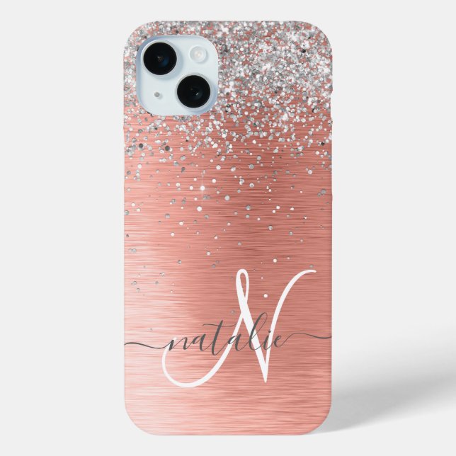 Rose Gold Brushed Metal Glitter Monogram Name Case-Mate iPhone Case (Back)