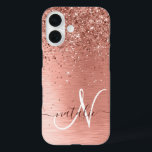 Rose Gold Brushed Metal Glitter Monogram Name iPhone 16 Case<br><div class="desc">Easily personalize this trendy chic phone case design featuring pretty rose gold sparkling glitter on a rose gold brushed metallic background.</div>