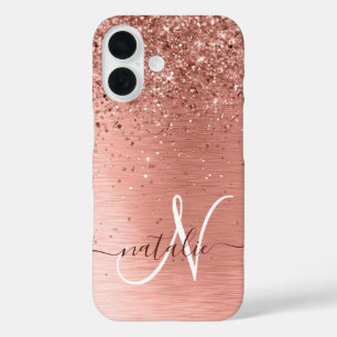 Rose Gold Brushed Metal Glitter Monogram Name iPhone 16 Case