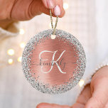 Rose Gold Brushed Metal Glitter Monogram Name Ceramic Ornament<br><div class="desc">Easily personalize this trendy chic ornament design featuring pretty silver sparkling glitter on a rose gold brushed metallic background.</div>