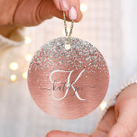 Rose Gold Brushed Metal Glitter Monogram Name Ceramic Ornament<br><div class="desc">Easily personalize this trendy chic ceramic ornament design featuring pretty silver sparkling glitter on a rose gold brushed metallic background.</div>