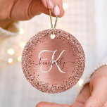 Rose Gold Brushed Metal Glitter Monogram Name  Ceramic Ornament<br><div class="desc">Easily personalize this trendy chic ceramic ornament design featuring pretty rose gold sparkling faux glitter on a rose gold brushed metallic background.</div>
