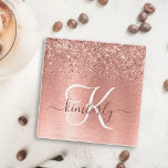 Rose Gold Brushed Metal Glitter Monogram Name Glass Coaster<br><div class="desc">Easily personalize this trendy chic glass coaster design featuring pretty rose gold sparkling glitter on a rose gold brushed metallic background.</div>