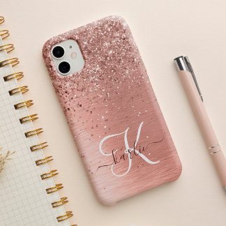 Rose Gold Brushed Metal Glitter Monogram Name iPhone 15 Case