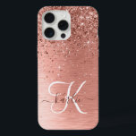 Rose Gold Brushed Metal Glitter Monogram Name iPhone 15 Pro Max Case<br><div class="desc">Easily personalize this trendy chic phone case design featuring pretty rose gold sparkling glitter on a rose gold brushed metallic background.</div>