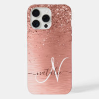Rose Gold Brushed Metal Glitter Monogram Name
